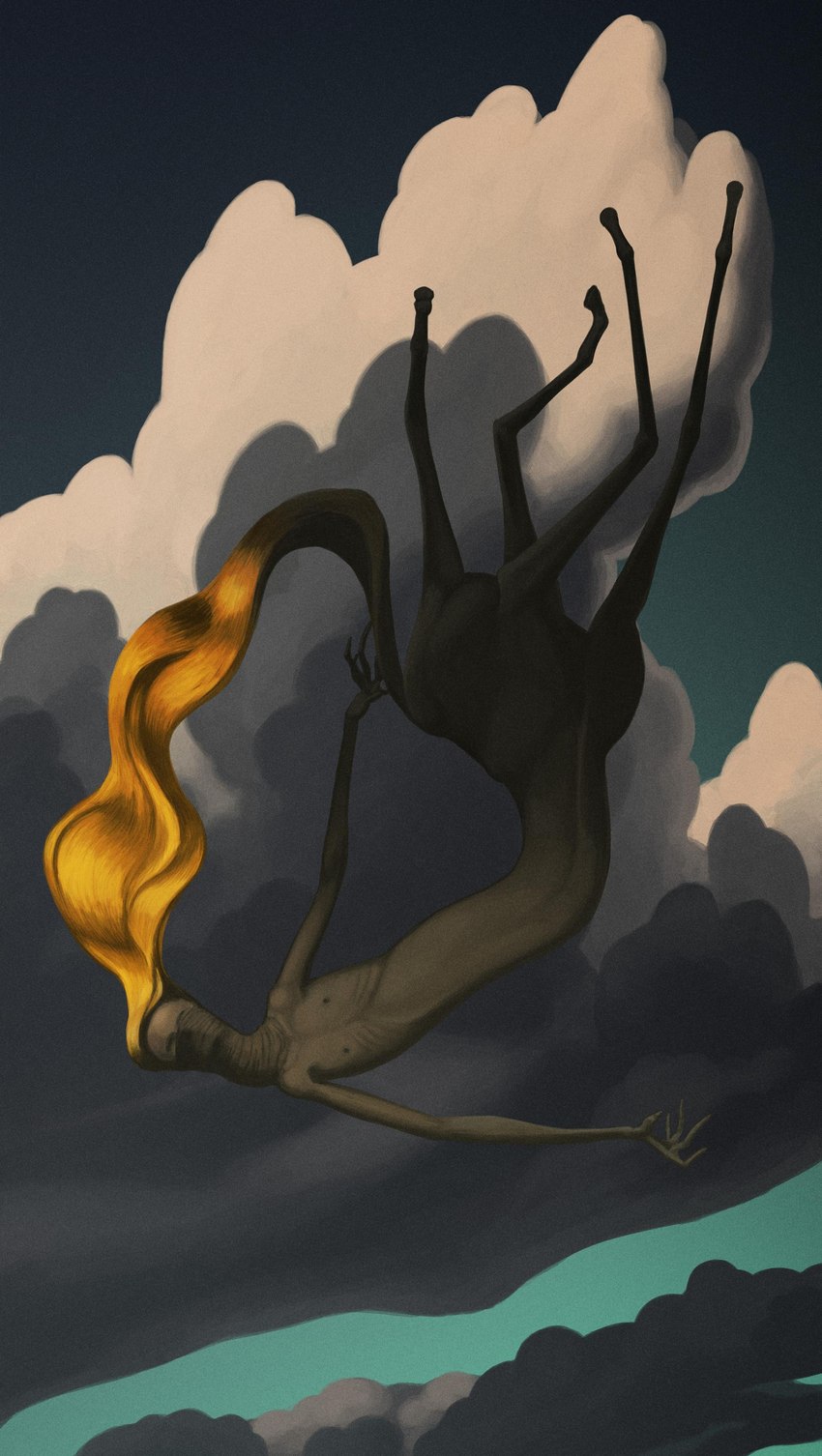 ambiguous_gender anthro blonde_hair blonde_mane cloud dark_body faceless_character falling hair hooves horror_(theme) mane ribs sky sky_background slim solo surrealism tail yellow_tail john_conway european_mythology greek_mythology mythology centaur equid equid_taur humanoid_taur mammal mammal_taur taur 2021 absurd_res adobe_photoshop_(artwork) digital_media_(artwork) hi_res