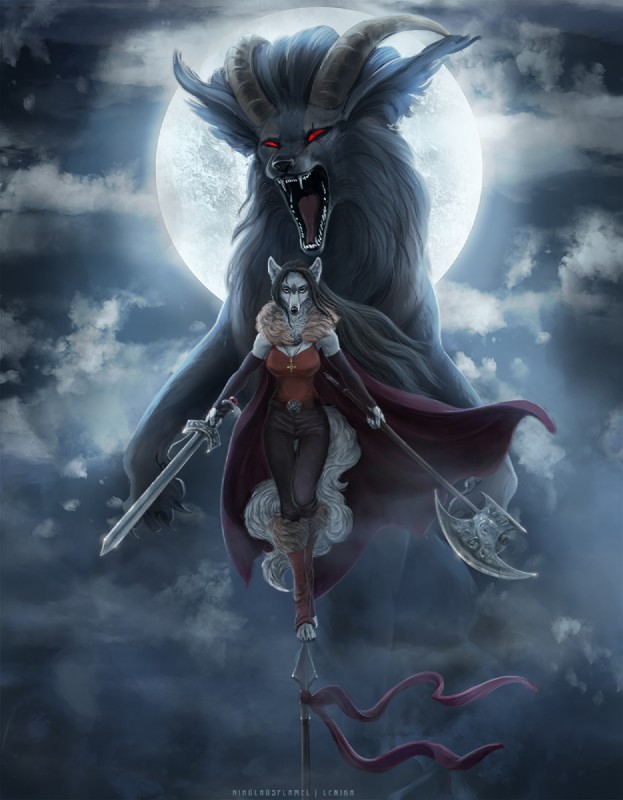 clothed clothing duo female hair horn looking_at_viewer melee_weapon moon sword weapon lenika nikolaosflamel ladyfenrir canid canine canis mammal wolf 2018 artist_collaboration digital_media_(artwork) hi_res