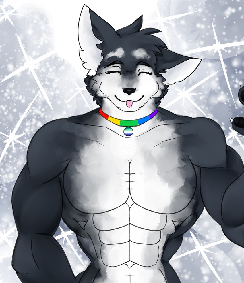 abs anthro chest_fur collar fluffy happy lgbt_pride male muscular pride_color_accessory pride_color_collar pride_colors rainbow_pride_colors rainbow_symbol shirtless six-stripe_rainbow_pride_colors smile solo sparkles sparkling_background tongue vincian_pride_colors cassielink mammal digital_media_(artwork) hi_res