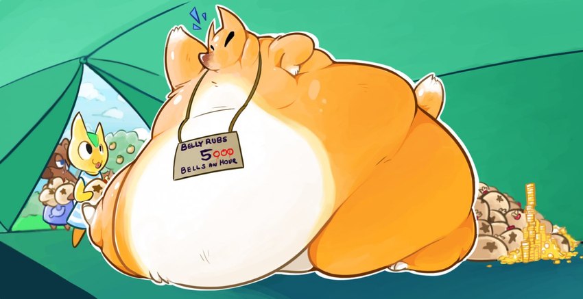 anthro biped blue_eyes brown_body brown_fur brown_nose coin detailed_background dipstick_tail food fruit fur gold_(metal) gold_coin group half-closed_eyes in_tent male markings money morbidly_obese multicolored_body multicolored_fur narrowed_eyes obese obese_anthro obese_male orange_body orange_fur overweight overweight_anthro overweight_male plant raised_tail sign solo_focus tail tail_markings tent text trio two_tone_body two_tone_fur white_body white_fur yellow_body boot_(artist) animal_crossing nintendo crazy_redd tangy_(animal_crossing) tom_nook_(animal_crossing) canid canine domestic_cat felid feline felis fox mammal raccoon_dog tanuki 2013 digital_media_(artwork) english_text