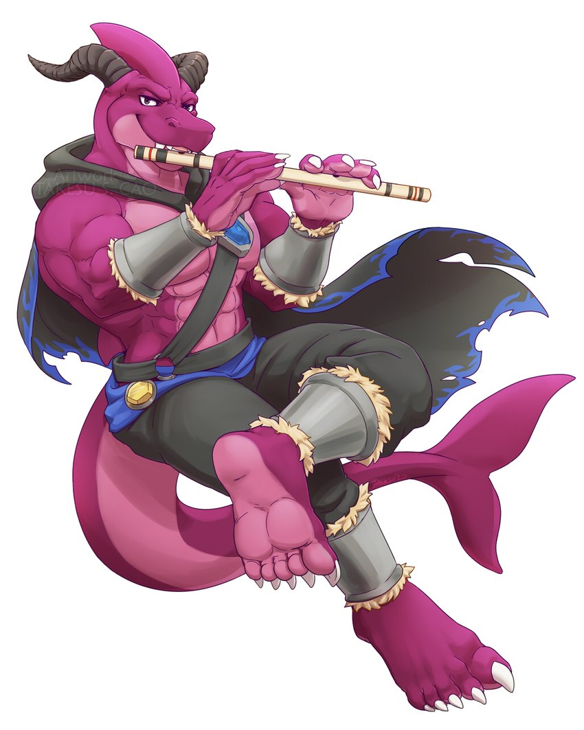 5_fingers 5_toes abs anthro barefoot black_clothing clothing countershade_feet countershading feet fingers flute foot_focus horn humanoid_feet humanoid_hands looking_at_viewer male muscular muscular_anthro muscular_arms muscular_male musical_instrument pecs plantigrade playing_flute playing_music purple_body purple_skin simple_background solo toes white_background wind_instrument woodwind_instrument takesu fish marine shark 2020 4:5 hi_res watermark