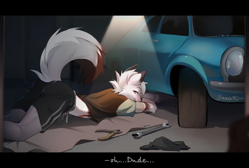 anthro big_tail black_bars blue_car bottomwear car clothed clothing detailed_background fluffy fluffy_tail fur garage hair headlights looking_at_viewer male multicolored_body nut_(hardware) red_eyes shirt shorts smile solo tail text tire tools topwear vehicle white_body white_fur wrench janiskisa ford ford_maverick dude_(dudeanon) canid canine mammal digital_drawing_(artwork) digital_media_(artwork) english_text hi_res letterbox signature