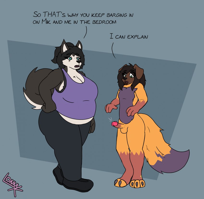 anthro belly_overhang bra_strap breasts cleavage clothed clothed/nude clothing dialogue duo erection female genitals head_swap male male/female nude overweight overweight_female penis size_difference text unwanted_erection lonnyk kayla_(lonnyk) sonia_(lonnyk) canid canine canis domestic_dog husky mammal nordic_sled_dog spitz english_text hi_res