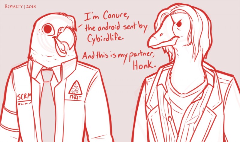 alternate_species anthro beak clothing dialogue duo furrification humor jacket necktie pun text topwear royalty_(artist) detroit:_become_human connor_(detroit) hank_(detroit) anatid anseriform anserinae avian bird goose parakeet parrot true_parrot english_text