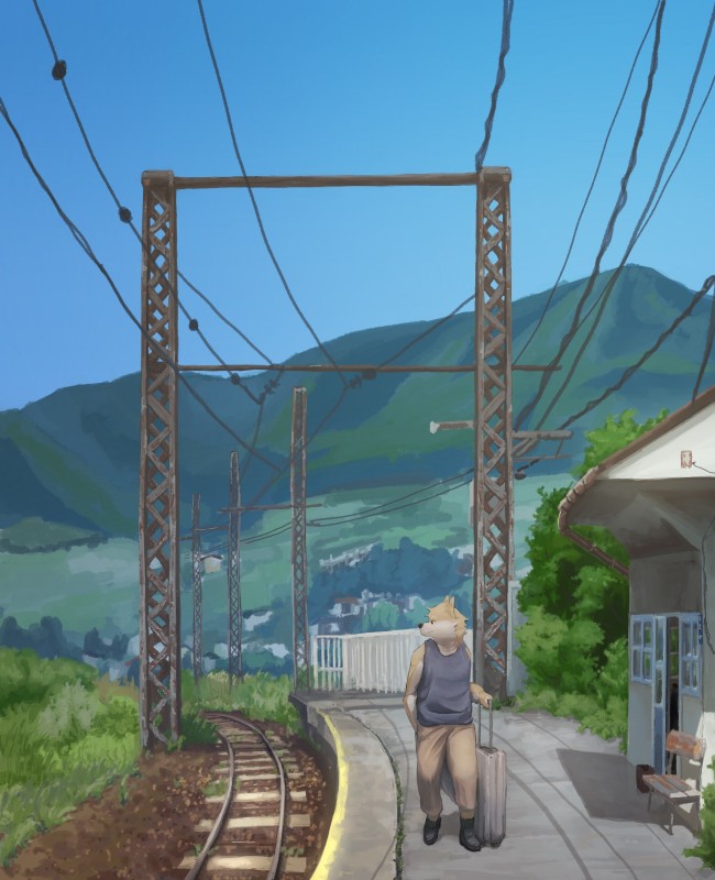 anthro blue_sky bottomwear clothed clothing detailed_background fully_clothed male mountain outside pants platform power_lines public_transportation rail_transit railway_track shirt sky solo suitcase topwear train_station utility_line vehicle 7gaku_7 canid canine mammal 2019 digital_media_(artwork) digital_painting_(artwork) hi_res shaded soft_shading