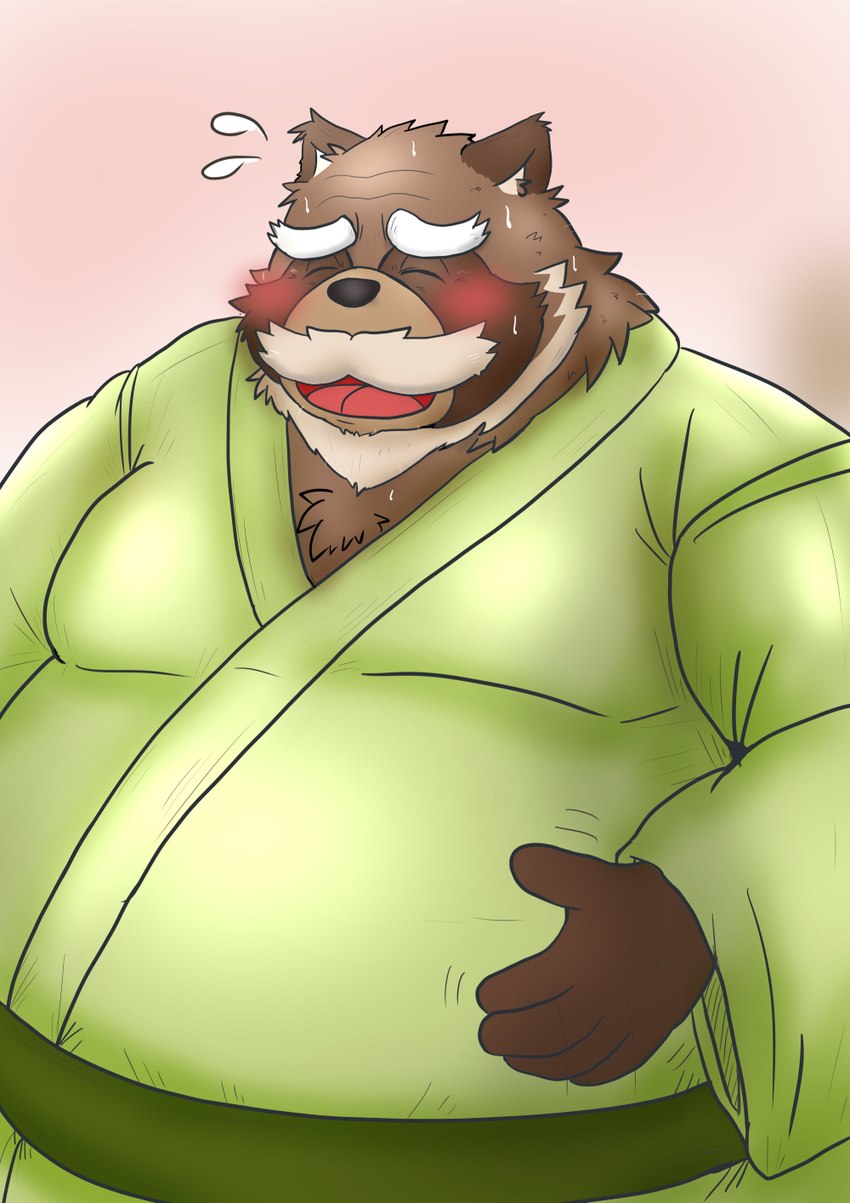 anthro belly big_belly blush brown_body brown_fur clothed clothing facial_hair fur kemono male mature_anthro mature_male mustache overweight overweight_male simple_background solo mametanu_tanuki canid canine mammal raccoon_dog tanuki 2024 hi_res