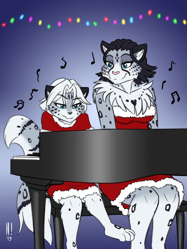 4_toes anthro barefoot bench black_hair black_nose blue_eyes christmas_decorations christmas_lights clothing dress duo feet female fur fur_trim grey_body grey_fur hair heart_symbol holidays keyboard_instrument multicolored_body multicolored_fur music musical_instrument musical_note musical_symbol piano pink_nose sitting spots stripes symbol toes two_tone_body two_tone_fur white_body white_fur white_hair young heresy_(artist) christmas twokinds adira_riftwall maeve_(twokinds) felid mammal pantherine snow_leopard 2019 3:4 digital_media_(artwork) hi_res mother_(lore) parent_(lore)