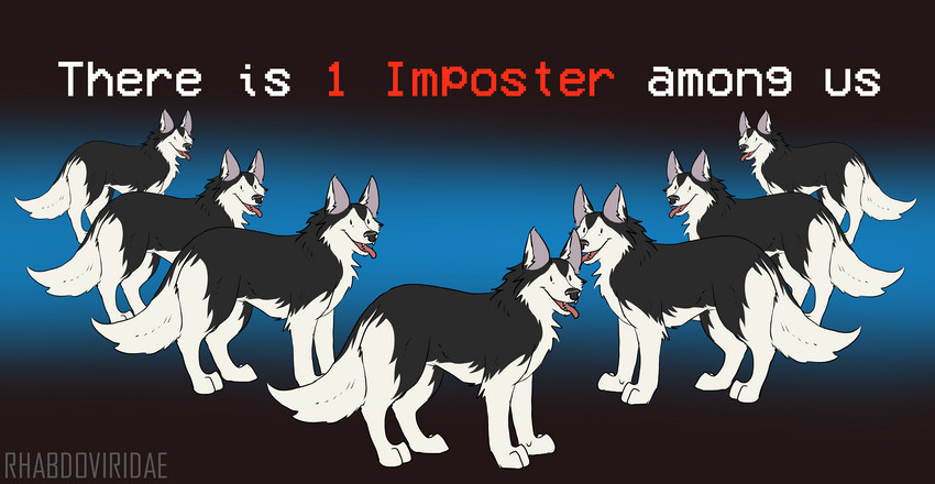 ambiguous_gender beady_eyes black_body black_eyes black_fur feral fur group open_mouth text white_body white_fur conditional_dnp wolftacos among_us innersloth the_thing canid canine canis domestic_dog husky mammal nordic_sled_dog spitz crossover digital_media_(artwork) english_text hi_res