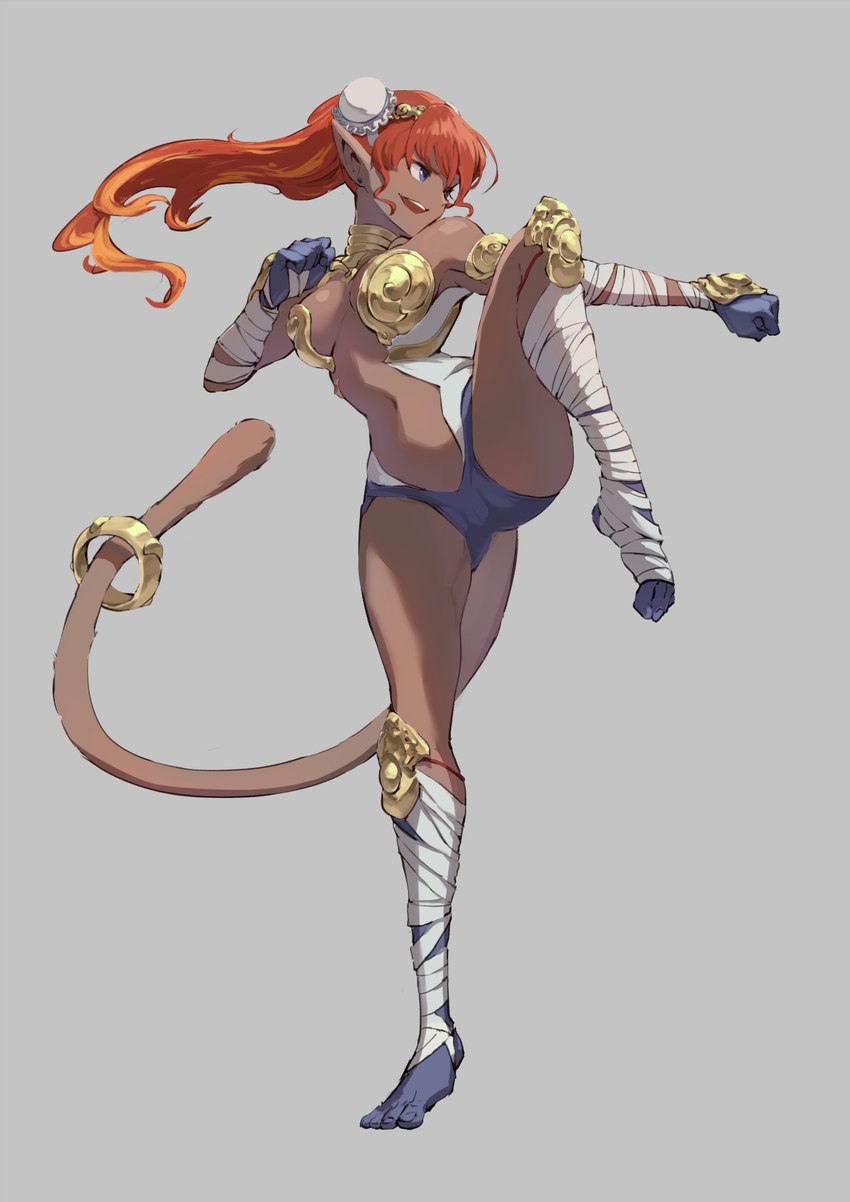 alternate_species arm_wraps blue_eyes brown_body brown_fur clothed clothing female fighting_pose fur hair hair_bun humanoid_pointy_ears humanoidized leg_wraps long_tail midriff on_one_leg one_leg_up pointy_ears pose raised_leg red_hair simple_background skimpy slim solo standing tail wraps jj.tori jjbirdz_(artist) nintendo pokemon animal_humanoid generation_4_pokemon humanoid infernape mammal mammal_humanoid monkey_humanoid pokemon_(species) primate primate_humanoid hi_res