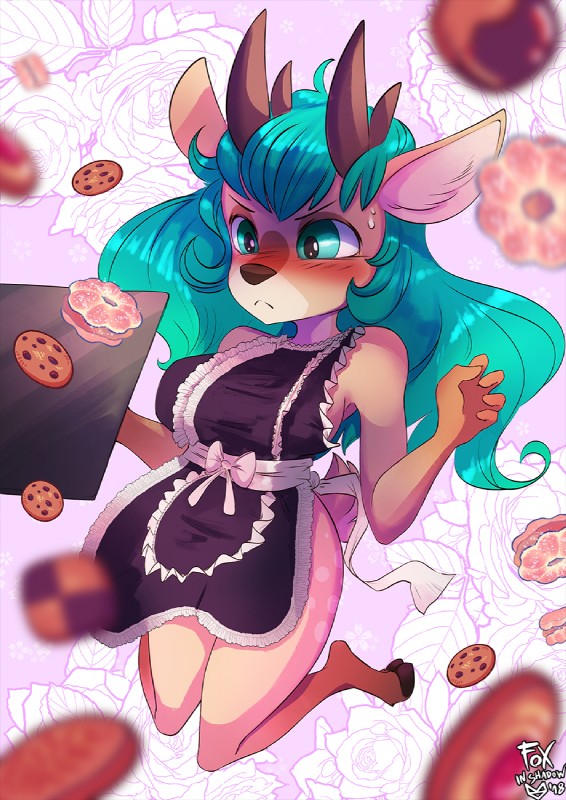 anthro antlers apron apron_only blue_eyes blue_hair breasts clothed clothing female hair horn legwear mostly_nude ribbons side_boob simple_background solo stockings foxinshadow danae_(character) deer mammal new_world_deer reindeer 2018 digital_media_(artwork) hi_res shaded