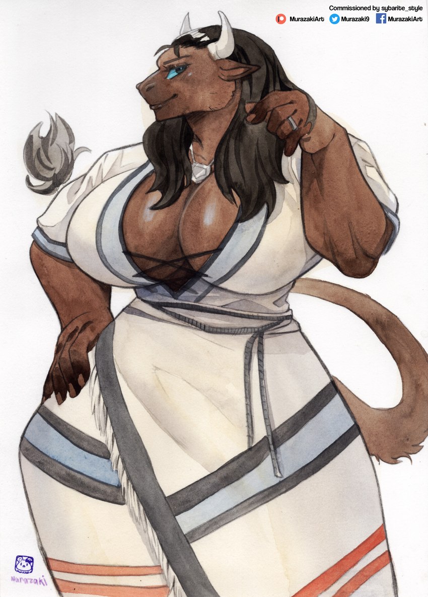 2_horns 5_fingers anthro big_breasts black_eyebrows black_hair blue_sclera breasts brown_body brown_fur cleavage clothed clothing curvy_figure digit_ring dress eyebrows eyelashes facebook_logo female fingers full_cleavage fur glistening glistening_breasts glistening_hair hair hand_on_hip head_turned horn inner_boob jewelry logo looking_at_viewer multicolored_clothing multicolored_dress necklace patreon_logo pendant ring simple_background smile smiling_at_viewer solo standing tail tail_tuft text touching_hair tuft twitter_logo wedding_ring white_background wide_hips murazaki european_mythology facebook greek_mythology mythology patreon twitter nihea_avarta bovid bovine mammal minotaur 2022 absurd_res artist_logo artist_name english_text hi_res painting_(artwork) traditional_media_(artwork) watercolor_(artwork)