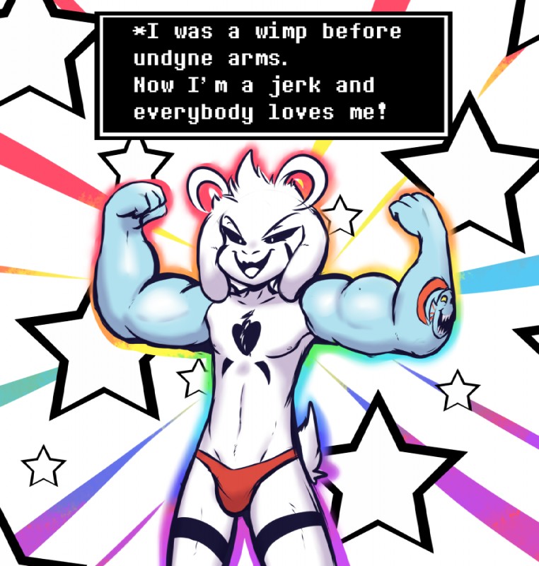 anthro black_sclera bulge clothed clothing dialogue flexing fur humor long_ears male muscular muscular_anthro muscular_male nipples open_mouth rainbow simple_background skimpy smug solo text tongue underwear white_body white_fur crackers undertale undertale_(series) asriel_dreemurr_(god_form) undyne boss_monster_(undertale) bovid caprine mammal 2018 english_text