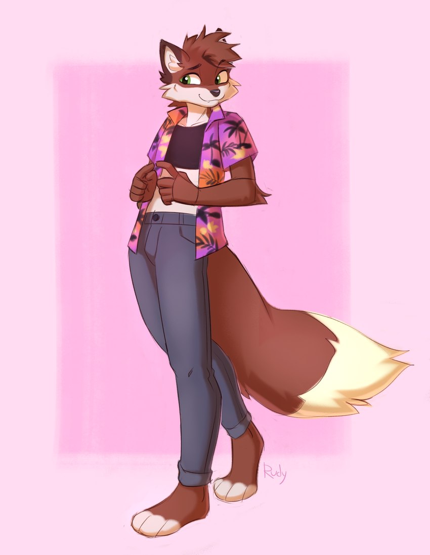 aloha_shirt ambiguous_gender anthro arm_tuft bare_stomach bottomwear brown_body brown_fur cheek_tuft clothing crop_top denim denim_bottomwear denim_clothing dipstick_ears dipstick_tail ear_markings ear_tuft elbow_tuft facial_tuft fingers_together fur green_eyes head_tuft jeans leg_markings looking_at_another markings multicolored_ears nervous_smile pants pattern_clothing pattern_shirt pattern_topwear shirt shy socks_(marking) solo tail tail_markings topwear tuft ruddi doppelfoxx yaxley_warrick_(doppelfoxx) arctic_fox canid canine cross_fox fox mammal red_fox true_fox absurd_res hi_res