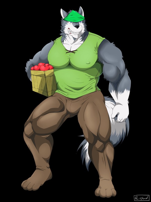 anthro apple biceps box bulge clothing container food fruit fur male muscular muscular_anthro muscular_male nipple_outline plant solo teeth dragon0324r canid canine mammal 2017 3:4 digital_media_(artwork) hi_res