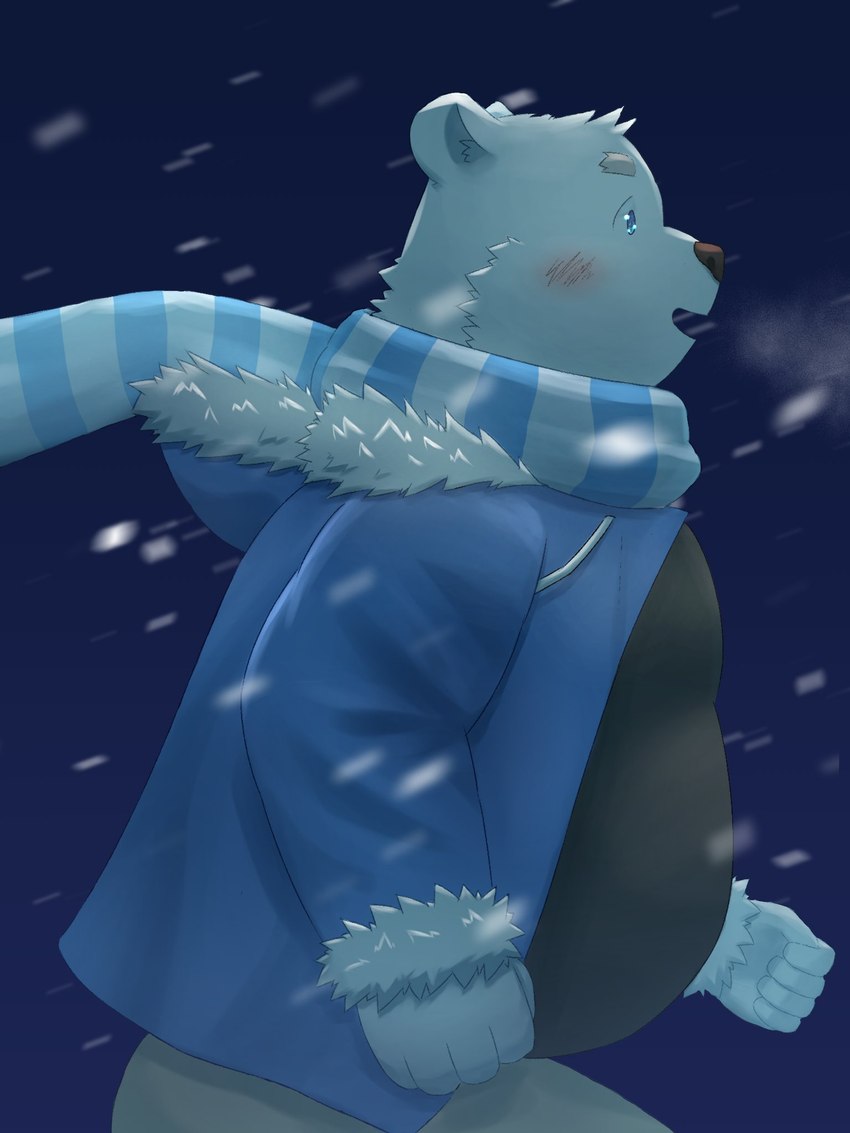 anthro belly big_belly blue_eyes blush bottomwear clothing kemono male outside overweight overweight_male pants scarf snow snowing solo sweater topwear white_body gozmori utau shirane_kan bear mammal polar_bear ursine 2023 3:4 hi_res