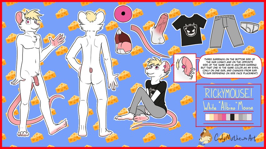 albino anthro balls border cheese clothed clothing color_swatch dairy_products ear_piercing erection food foreskin fur genitals hair humanoid_genitalia humanoid_penis male nude open_mouth penis piercing red_border red_eyes simple_background slim smile solo white_body white_fur codyf0xx scratch21 rickymouse mammal mouse murid murine rodent white_mouse 16:9 digital_media_(artwork) full-length_portrait hi_res model_sheet portrait widescreen