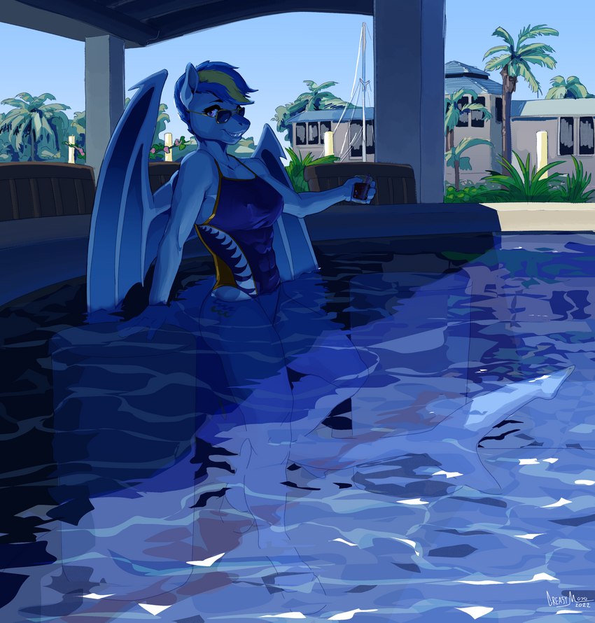 anthro beverage biped clothing cutie_mark eyewear female fin hair multicolored_hair nipple_outline palm_tree partially_submerged plant shark_tail solo sunglasses swimming_pool swimwear tree two_tone_hair water wings greasymojo friendship_is_magic hasbro my_little_pony fan_character gulfstream_(ardee) equid equine fish horse hybrid mammal marine pony shark 2022 absurd_res hi_res