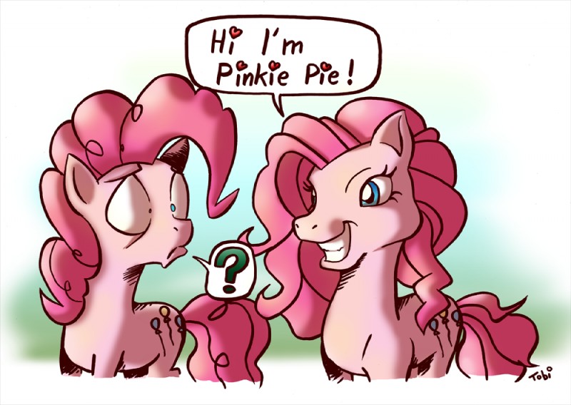 blue_eyes cutie_mark dialogue duo eye_contact female feral fur looking_at_another pink_body pink_fur question_mark smile text tobibrocki friendship_is_magic hasbro my_little_pony pinkie_pie_(mlp) earth_pony equid equine horse mammal pony english_text