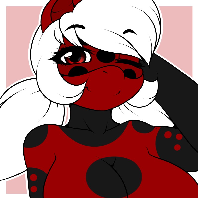 breasts cleavage clothed clothing female hair latex non-mammal_breasts one_eye_closed red_eyes skinsuit solo tight_clothing white_hair wink kloudmutt hasbro miraculous_ladybug my_little_pony chilly_pepper fan_character miraculous_ladybug_(character) arthropod beetle cucujoid insect ladybug 1:1 hi_res