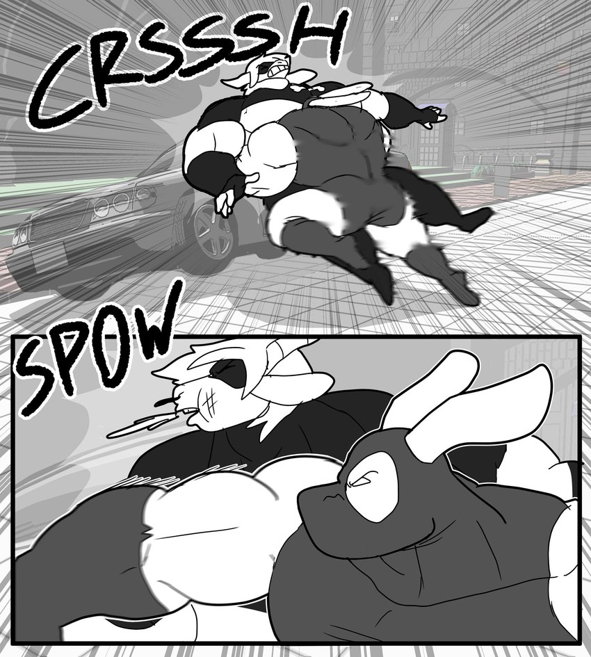 angry anthro big_muscles car car_crash clothing duo fight gloves handwear horn huge_muscles leotard male male/male mask muscular muscular_anthro muscular_male punch sound_effects superhero tackle text vehicle violence parttimeyeen_(artist) gabriel_(parttimeyeen) tristen_(parttimeyeen) bovid caprine goat lagomorph leporid mammal rabbit comic english_text greyscale hi_res monochrome