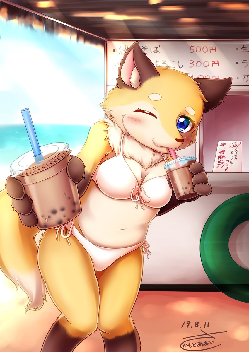 4_fingers anthro beach beverage bikini blue_eyes blush breasts brown_body brown_fur brown_nose bubble_tea cleavage clothed clothing cloud day dipstick_tail drinking drinking_straw female female_anthro fingers fluffy fur gloves_(marking) holding_beverage holding_object inner_ear_fluff kemono leg_markings markings multicolored_body multicolored_fur multicolored_tail navel neck_tuft offering_beverage offering_to_viewer one_eye_closed outside sea seaside sky socks_(marking) solo store swimwear tail tail_markings tan_body tan_fur text tuft two-piece_swimsuit water wink yellow_body yellow_fur sakamoto_aoi canid canine fox mammal 2019 absurd_res dated digital_media_(artwork) hi_res japanese_text portrait signature three-quarter_portrait translated