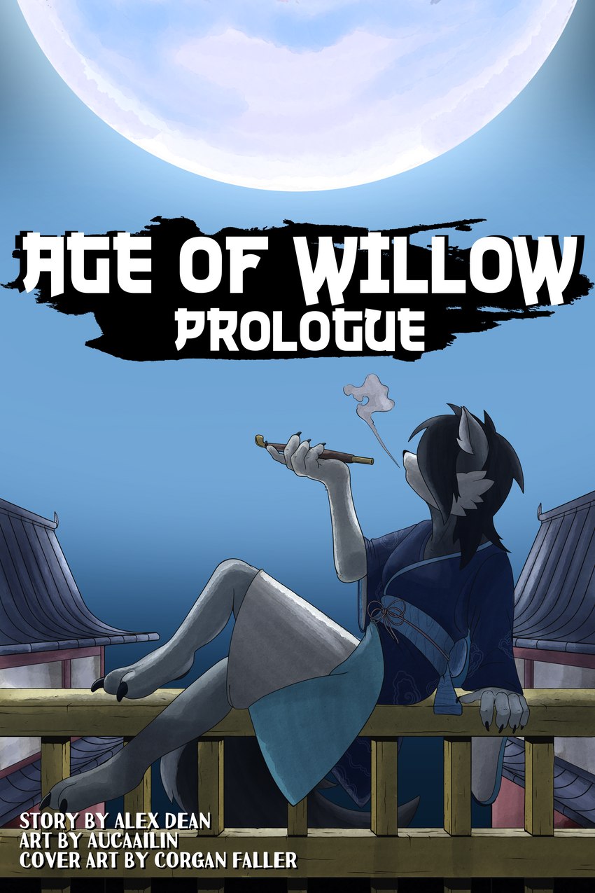 anthro claws feet female full_moon hair hair_over_eyes japanese_architecture kiseru moon smoking smoking_pipe smoking_smoking_pipe text corgan_faller gaudiestabyss27 age_of_willow willow_(gaudiestabyss27) canid canine canis mammal wolf 2:3 absurd_res comic cover cover_art cover_page hi_res official_art