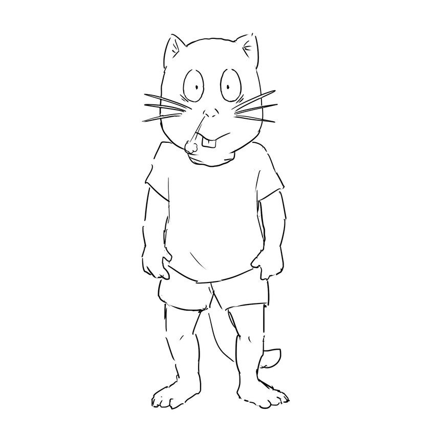 4_toes anthro barefoot bottomwear buckteeth clothing feet looking_at_viewer male shirt shorts simple_background solo tail teeth toes topwear whiskers white_background nekotanyanneko gegege_no_kitaro nezumi_otoko mammal rodent 1:1 2022 hi_res monochrome