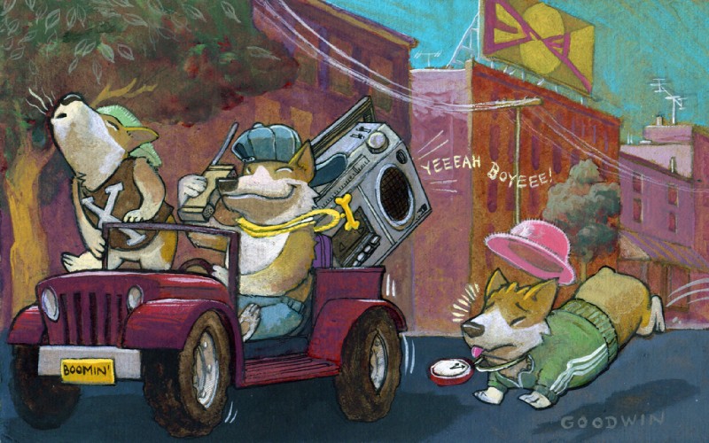 1980s_theme bling boombox brick_phone cellphone detailed_background electronics feral group holding_object holding_phone male outside phone phone_call they_see_me_rollin_they_hatin chris_goodwin haters_gonna_hate jeep canid canine canis domestic_dog herding_dog mammal pastoral_dog welsh_corgi digital_media_(artwork)