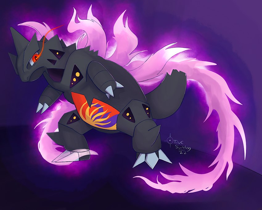 ambiguous_gender anthro black_body claws colored_fire fire glowing glowing_eyes gradient_background looking_at_viewer pink_fire red_eyes simple_background solo tail truesundog nintendo pokemon touhou junko_(touhou) generation_2_pokemon pokemon_(species) tyranitar 2022 digital_media_(artwork) watermark female_(lore)