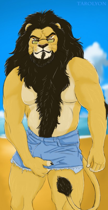 anthro beach black_mane bottomwear bulge clothing denim denim_bottomwear denim_clothing eyewear facial_hair glasses goatee jeans male mane monotone_mane muscular muscular_anthro muscular_male outside pants pose seaside shorts solo tarolyon taro_(tarolyon) felid lion mammal pantherine hi_res