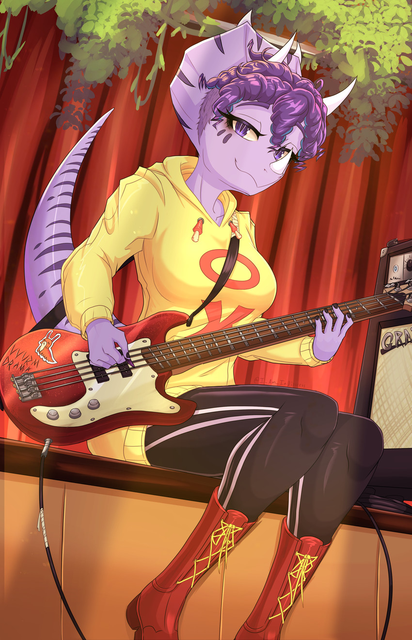 amplifier anthro bass_guitar big_breasts black_bottomwear black_clothing black_pants boots bottomwear breasts clothed clothed_anthro clothed_female clothing curtains facial_horn female fingers footwear front_view guitar hair hoodie horn humanoid_hands leaf looking_at_viewer looking_down low-angle_view markings musical_instrument non-mammal_breasts pants plucked_string_instrument purple_body purple_eyes purple_hair shoes short_hair sitting solo string_instrument striped_markings stripes tail topwear wire yellow_clothing yellow_hoodie yellow_topwear i_am_indistress goodbye_volcano_high ko_op_(game_developer) mango_(gvh) trish_(gvh) ceratopsian ceratopsid chasmosaurine dinosaur marginocephalian ornithischian prehistoric_species reptile scalie triceratops absurd_res colored hi_res shaded