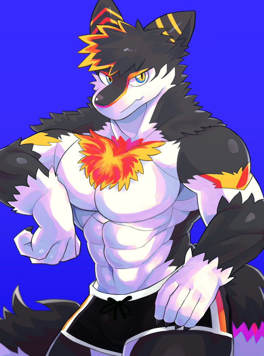 anthro black_body black_fur blonde_hair blue_eyes clothing fur hair male muscular muscular_anthro muscular_male solo tail underwear white_body white_hands yellow_eyes xttttd vortiganshine canid canine canis mammal wolf hi_res