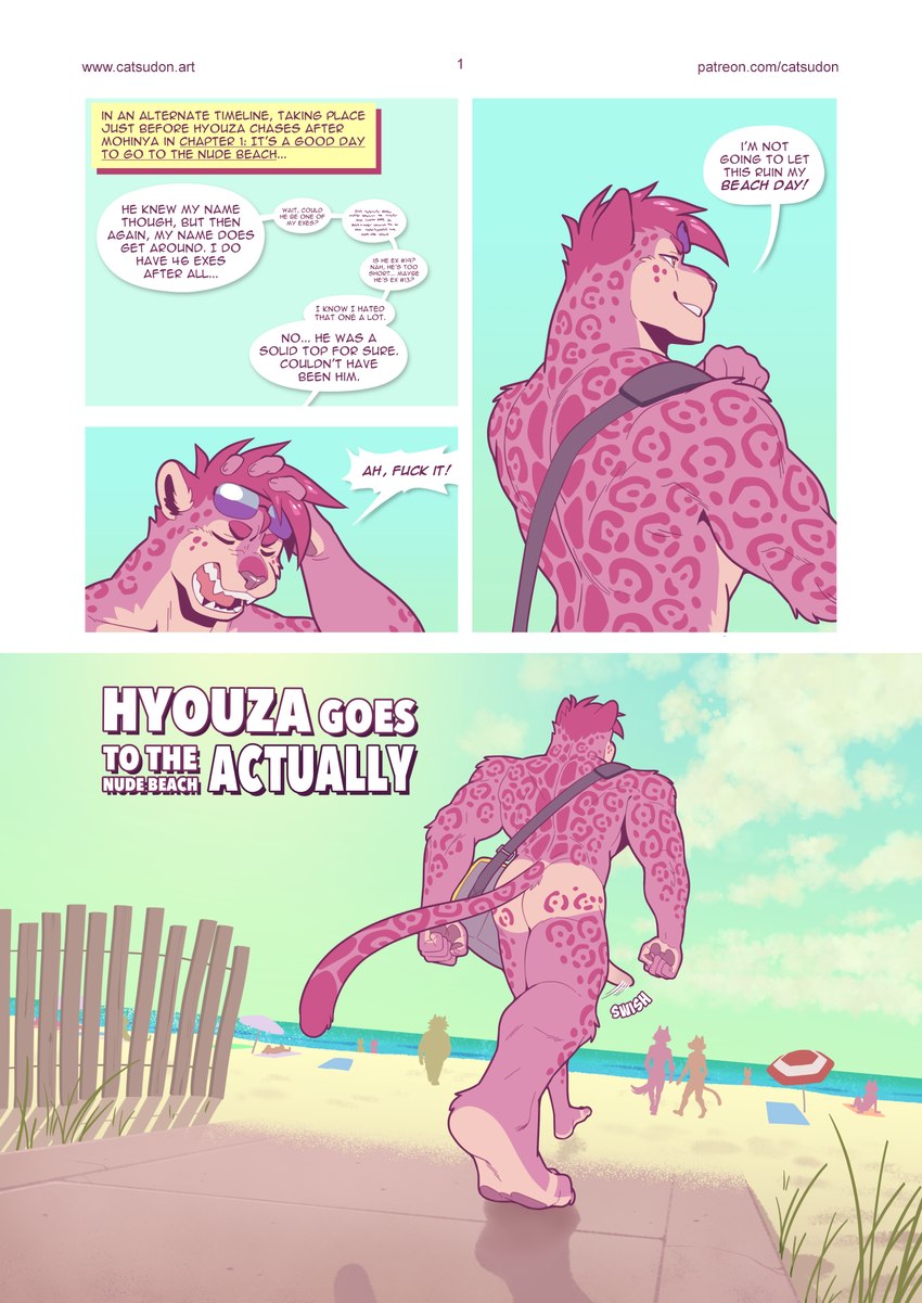 alternate_universe anthro beach beach_umbrella casual_nudity dialogue eyewear eyewear_on_head eyewear_only flaccid fur genitals group hair male muscular nude nude_anthro nude_beach nude_male outdoor_nudity outside parasol penis pink_body pink_fur pink_hair profanity public public_nudity seaside sunglasses sunglasses_on_head sunglasses_only text catsudon hyouza felid leopard mammal pantherine comic cover cover_art cover_page english_text hi_res url