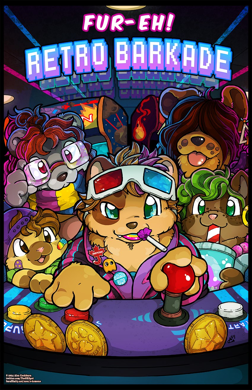 3d_glasses ambiguous_gender anthro arcade arcade_machine band-aid band-aid_on_face bandage bandage_on_face blep blue_eyes brown_body brown_fur candy clothed clothing container cup cute_fangs dessert drinking drinking_straw ear_piercing eyewear fangs female food footprint fully_clothed fur game_token glasses green_eyes green_hair grey_body grey_fur grin group hair hair_over_eyes inside jacket lollipop looking_at_viewer male open_mouth pawprint piercing purple_eyes purple_hair red_hair scarf smile tan_body tan_fur teeth tongue tongue_out topwear yellow_body yellow_fur o-kemono asteroids_(game) fur-eh_convention pac-man_(series) clyde_(pac-man) bear canid canine canis domestic_cat domestic_dog felid feline felis mammal 2024 hi_res