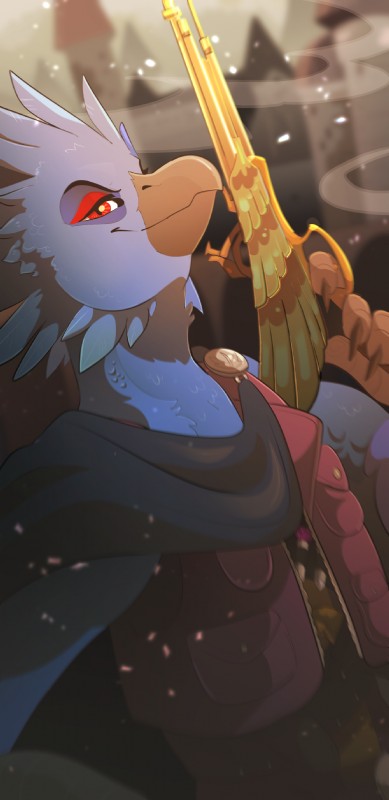 anthro beak blue_body blue_feathers clothed clothing feathers gun handgun pistol ranged_weapon red_eyes solo weapon godbirdart aiareck_arpia accipitrid accipitriform avian bird eagle harpy_eagle digital_media_(artwork) hi_res