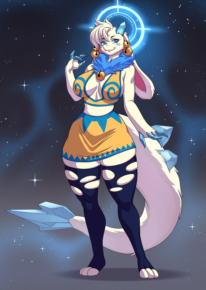 anthro big_breasts breasts clothing eyebrows eyelashes eyewear feet female fur glasses halo head_tuft horn legwear neck_tuft solo thick_thighs thigh_highs torn_clothing torn_legwear tuft white_body white_fur wide_hips alanscampos atlyss mythology angela_flux bovid caprine dragon goat hybrid kubold_(atlyss) mammal mythological_creature mythological_scalie poon_(atlyss) scalie 2025 hi_res