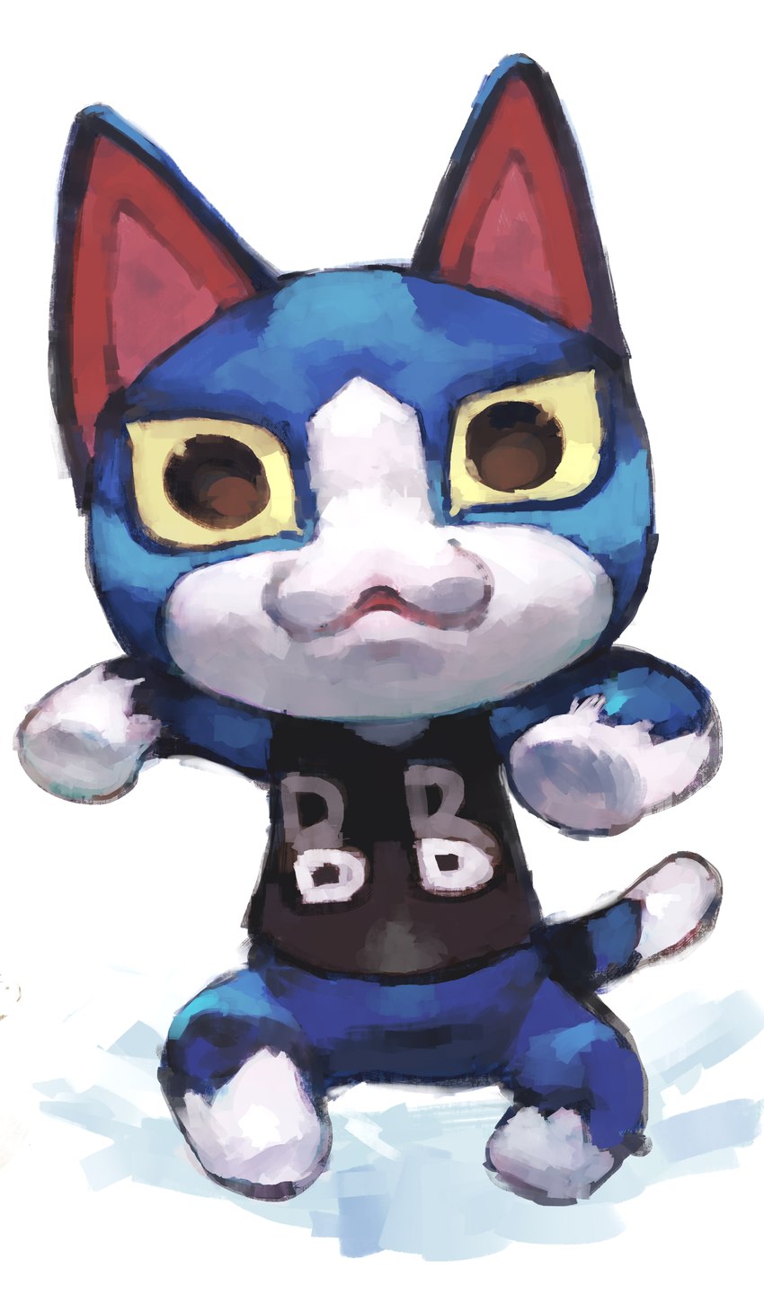 :3 anthro blue_body blue_fur clothing front_view fur looking_at_viewer male raised_arms shirt simple_background solo topwear white_background white_body white_fur yellow_sclera koki animal_crossing nintendo tom_(animal_crossing) domestic_cat felid feline felis mammal 2021 absurd_res digital_media_(artwork) hi_res unavailable_at_source