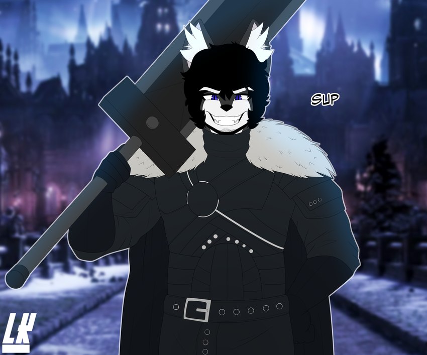 anthro armor clothed clothing dialogue fur greatsword grey_body grey_fur hair holding_melee_weapon holding_object holding_sword holding_weapon looking_at_viewer male melee_weapon smile solo standing sword text weapon white_body white_fur lobokosmico dark_souls fromsoftware lobo_(lobokosmico) canid canine canis mammal wolf absurd_res digital_drawing_(artwork) digital_media_(artwork) english_text hi_res