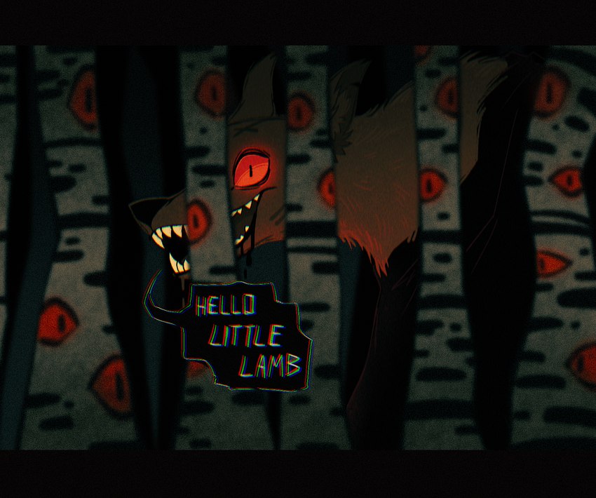 ambiguous_gender dialogue fangs fur plant red_eyes sharp_teeth solo speech_bubble teeth text tree freckledbastard cult_of_the_lamb massive_monster_(studio) fox_(cult_of_the_lamb) canid canine fox mammal 2024 digital_drawing_(artwork) digital_media_(artwork) english_text hi_res