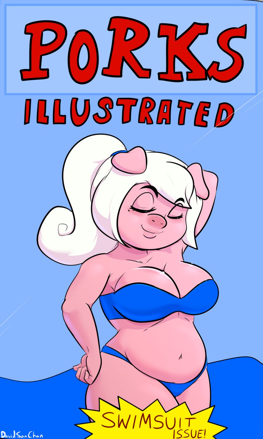 anthro belly big_breasts bikini bikini_bottom bikini_top breasts cleavage clothed clothing eyes_closed female hair hand_behind_head hand_on_hip pose slightly_chubby solo swimwear two-piece_swimsuit white_hair davidsanchan sports_illustrated tiny_toon_adventures warner_brothers domestic_pig mammal suid suine sus_(pig) 2021 cover hi_res magazine_cover pinup portrait three-quarter_portrait