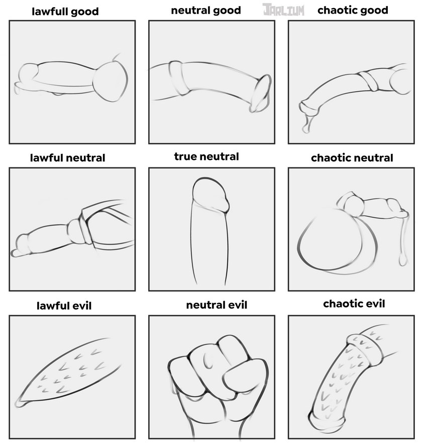 alignment_chart animal_genitalia animal_penis balls barbed_equine_penis big_balls bodily_fluids canine_genitalia canine_penis chart dripping equine_genitalia equine_penis erection feline_genitalia feline_penis fist flared_penis genital_fluids genitals humanoid_genitalia humanoid_penis hybrid_genitalia hybrid_penis knot knotted_equine_penis knotted_penis male medial_ring penile_spines penis precum precum_drip sheath text zero_pictured jarlium absurd_res comic english_text hi_res meme monochrome signature