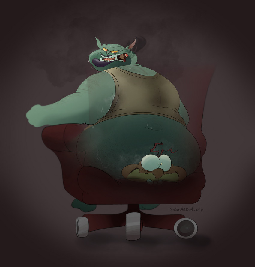 antennae_(anatomy) anthro beak bodily_fluids body_hair butt chair cigar cigar_smoke cigarette cigarette_in_mouth clothed clothing duo feet fist furniture green_body green_skin humanoid_pointy_ears lips lit_cigar looking_back looking_down male male/male object_in_mouth on_chair partially_clothed pointy_ears rear_view red_chair red_eyes sharp_teeth shirt sitting sitting_on_another sitting_on_chair smoke smoke_from_mouth smoking sweat swivel_chair tan_body tank_top teeth thick_lips toony topwear translucent wheel wide_eyed yellow_body yellow_eyes yellow_sclera yellow_skin bastardpalace looney_tunes space_jam warner_brothers mr._swackhammer pound_(space_jam) alien alien_humanoid humanoid nerdluck_(space_jam) absurd_res hi_res