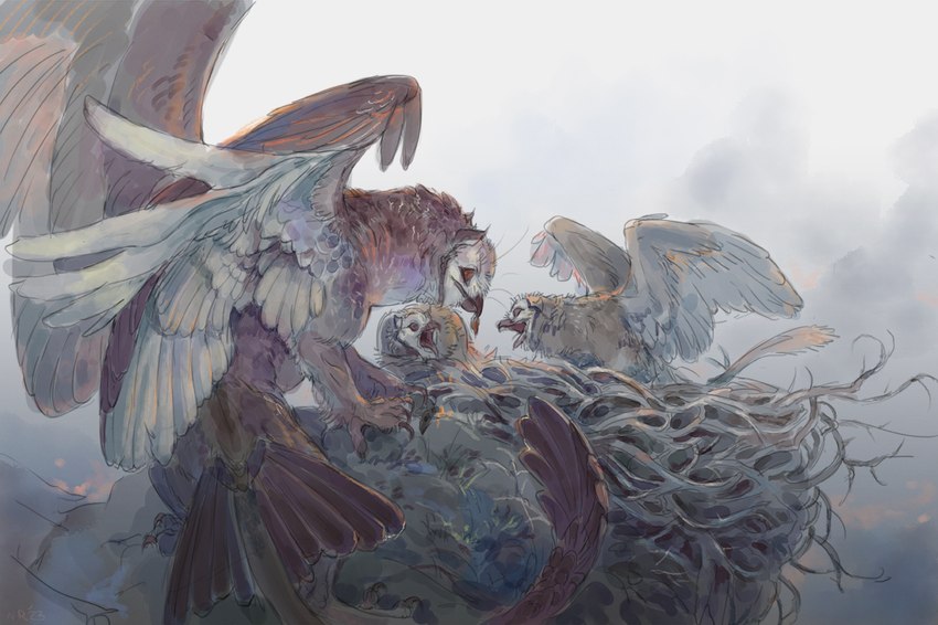 ambiguous_gender beak claws feathered_wings feathers feral group trio wings nukerooster mythology avian bird gryphon mythological_avian mythological_creature owl 2023 digital_media_(artwork)