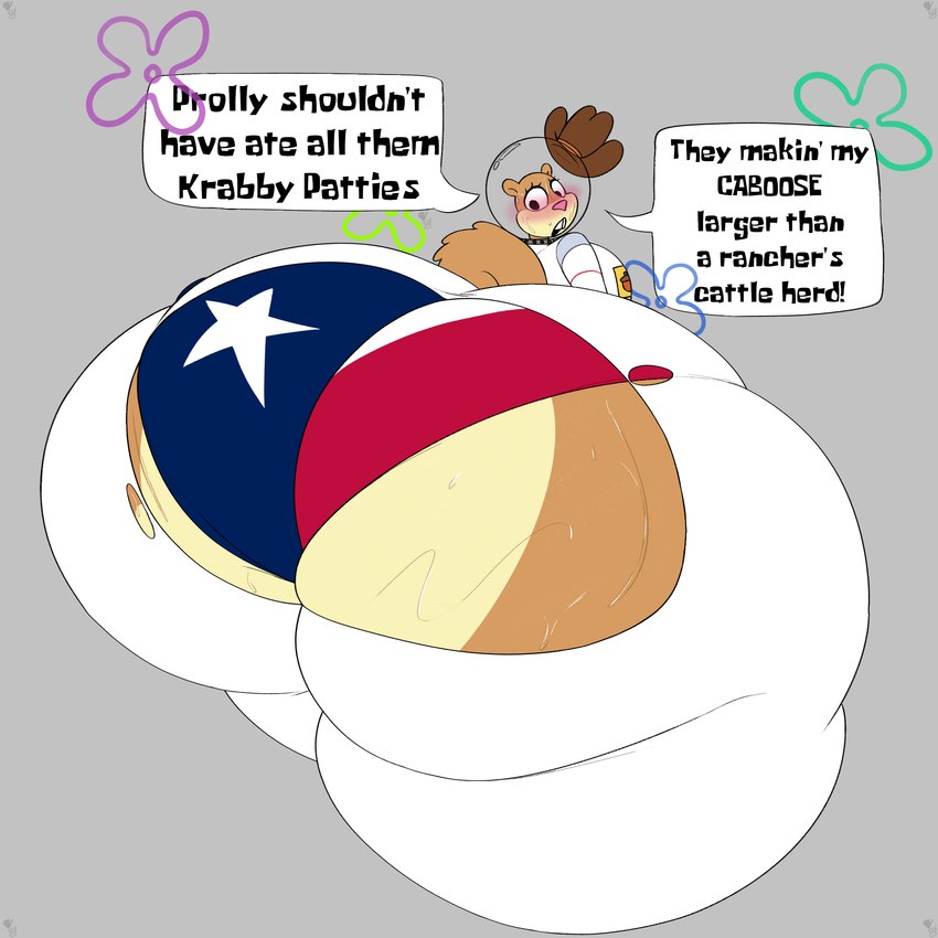 anthro big_butt blush bodily_fluids butt clothing cowboy_hat dialogue female flag flag_panties flower flower_cloud_(spongebob) hat headgear headwear huge_butt huge_hips huge_thighs hyper hyper_butt hyper_hips hyper_thighs looking_back morbidly_obese obese overweight plant rear_view solo sweat texas_flag text thick_thighs wardrobe_malfunction wide_hips thechavicgerman_(artist) nickelodeon spongebob_squarepants sandy_cheeks humanoid mammal rodent sciurid tree_squirrel 1:1 english_text hi_res