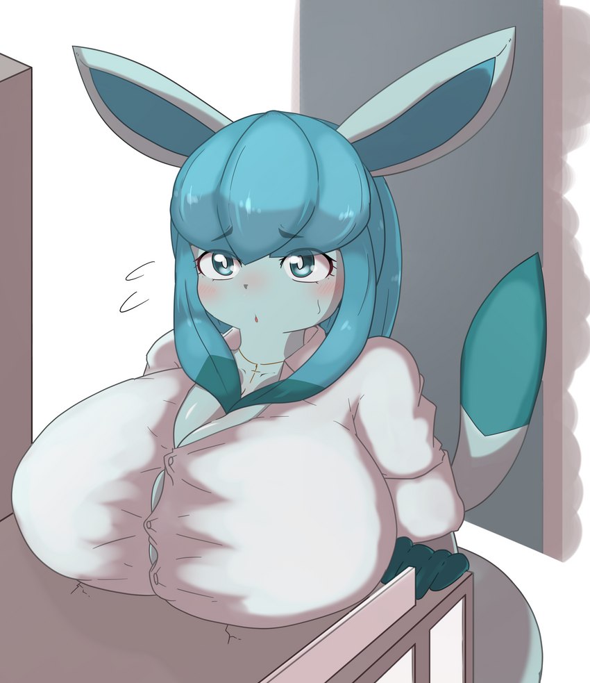 anthro big_breasts blue_body blue_eyes blush breasts clothed clothing female looking_at_viewer pokemorph solo nigiruri nintendo pokemon eeveelution generation_4_pokemon glaceon pokemon_(species) absurd_res hi_res tagme