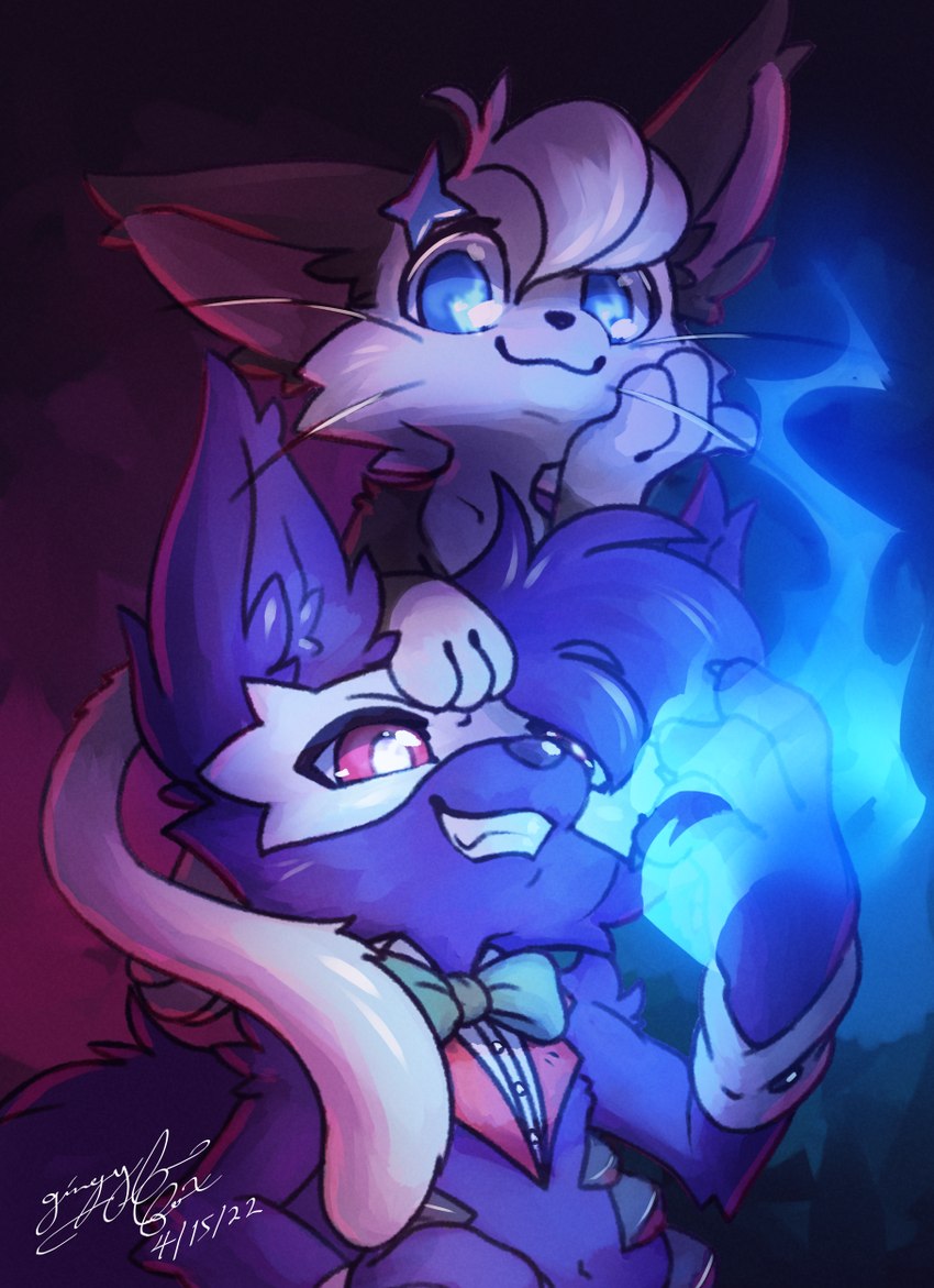 anthro blue_fire bow_(feature) colored_fire duo fire mask gingy_k_fox doctor_noc canid canine canis domestic_cat felid feline felis mammal wolf hi_res