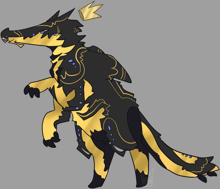 ambiguous_gender anthro black_body black_claws claws crown digitigrade eyeless floating_crown gold_body grey_background headgear semi-anthro simple_background snout solo standing tail jaspering digital_extremes tencent warframe chroma_(warframe) phosphor_(jaspering) crocodilian reptile scalie 2017 digital_drawing_(artwork) digital_media_(artwork) flat_colors full-length_portrait portrait watermark