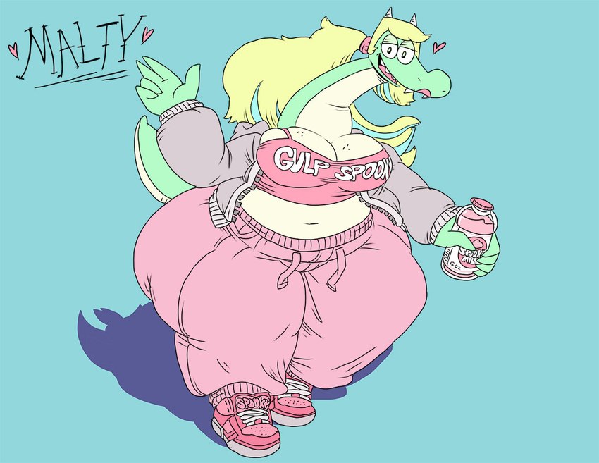 anthro big_breasts biped bottle bottomwear breasts clothed clothing container female hair heart_symbol jacket long_hair navel non-mammal_breasts open_mouth overweight overweight_anthro overweight_female pants simple_background skimpy solo sweatpants text text_on_crop_top thick_thighs topwear wide_hips gulpspooky malty_(gulpspooky) scalie 2024 english_text