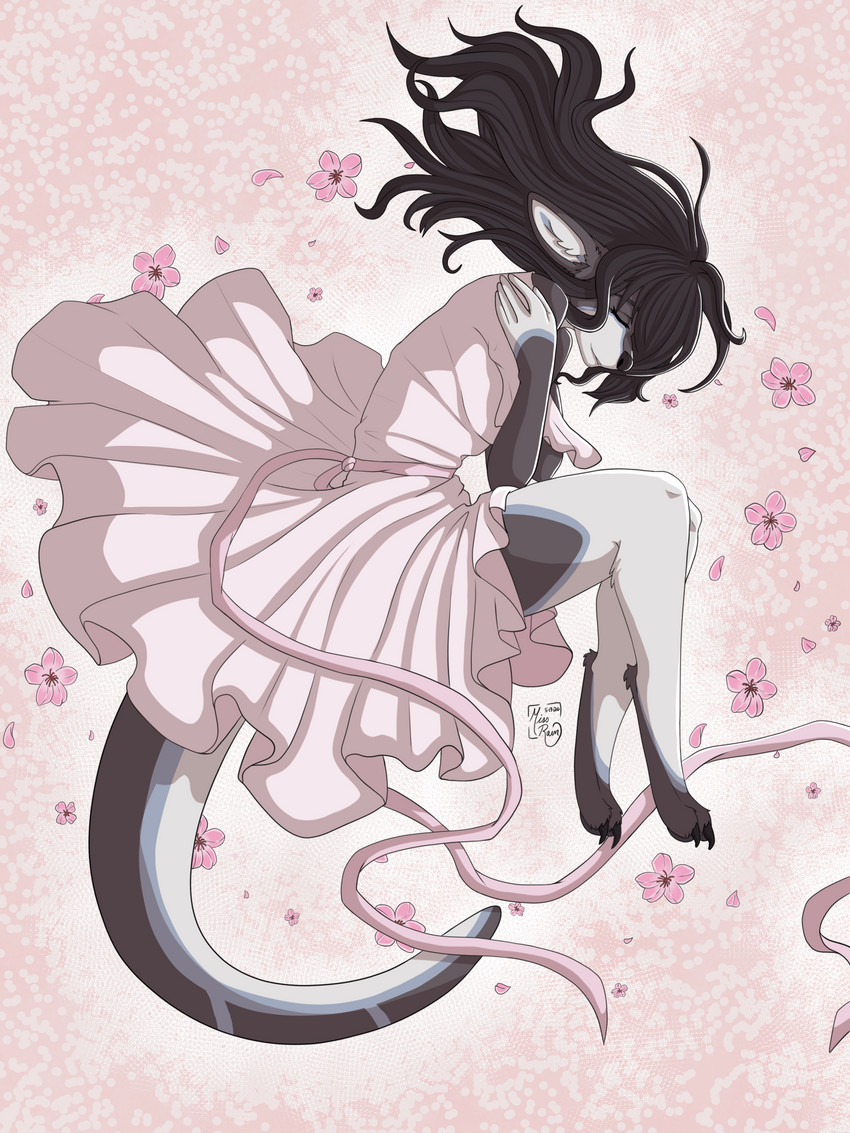 anthro black_hair blossoms cherry_blossom clothing dress female flower hair long_hair petals plant prunus_(flower) ribbons solo spring miss_rain raine_kirijo kangaroo macropod mammal marsupial 3:4 absurd_res digital_media_(artwork) hi_res