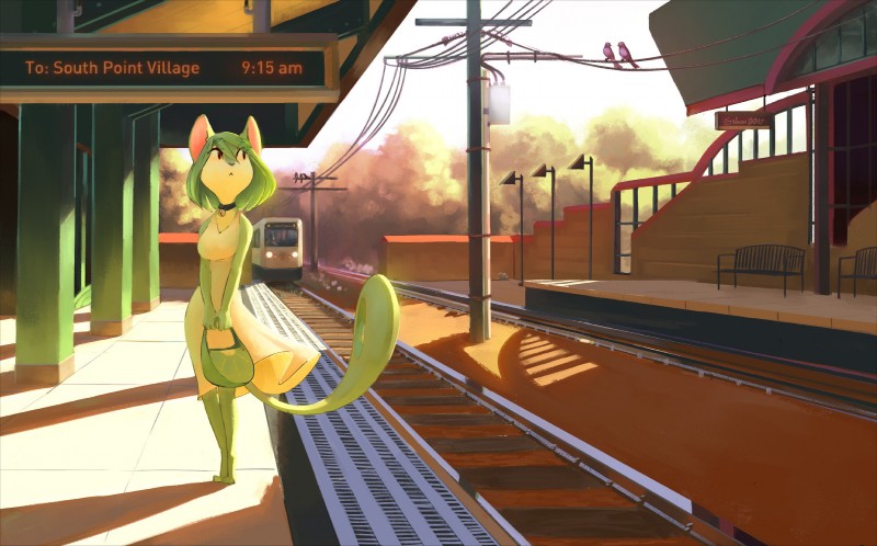 3_toes anthro barefoot bell bell_collar bench breasts clothed clothing collar detailed_ambient_creature digitigrade dress feet female fur green_body green_fur green_hair green_purse group hair purse railway_track solo_focus standing text toes train train_station trio vehicle sy_noon sitri_(sy_noon) ambient_bird avian bird felid feline mammal 2017 digital_media_(artwork) english_text hi_res shaded